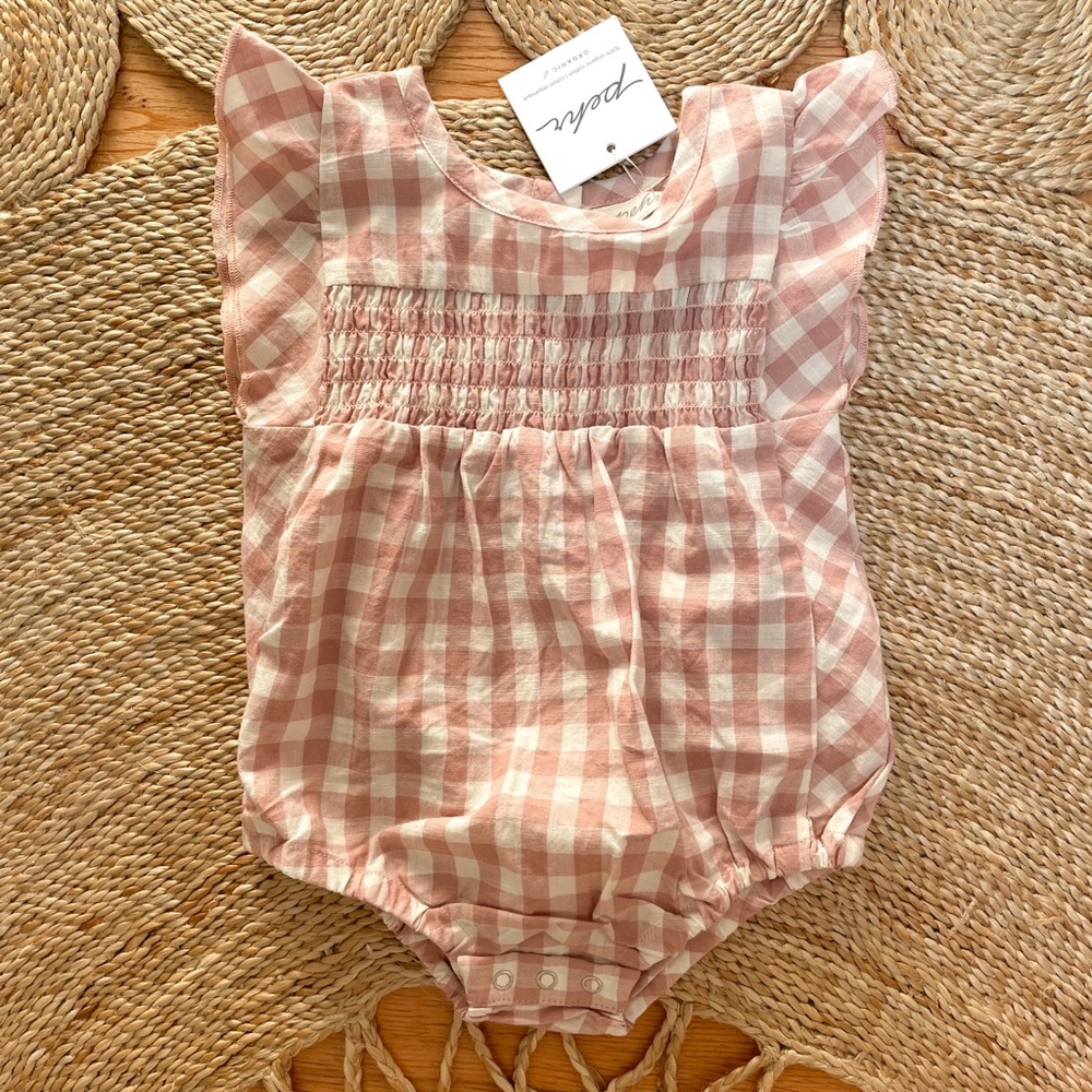Organic cotton Pehr gingham romper size 3-6 months